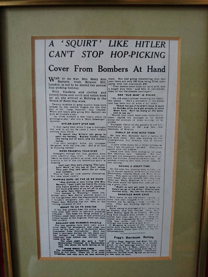1940s newspaper cutting, photographed in Hunton Village Hall by Gavin Atkin.
